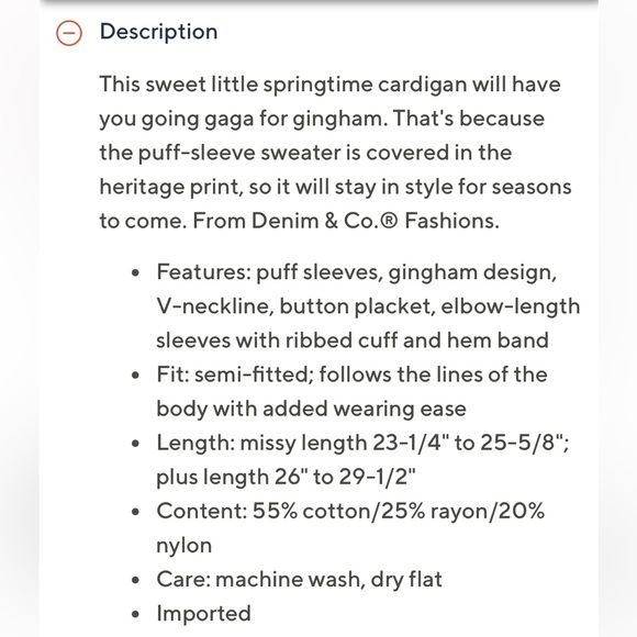 Denim & Co. Green Heritage Puff Sleeve Gingham Cardigan Sweater XL - Picture 5 of 5